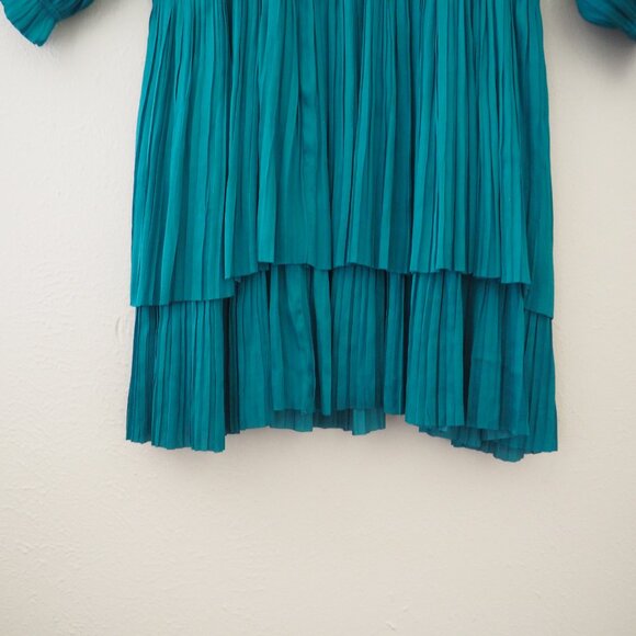 * Anthropologie Current Air Teal Satin Samantha Smocked Long Sleeve Mini Dress - Picture 8 of 11